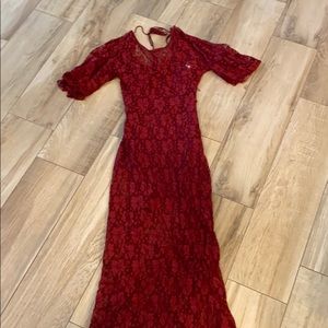 Long, beautiful, maroon lacey dress